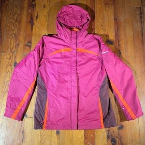 Women’s pink Columbia hooded shell jacket with removable fleece liner. Size L.
